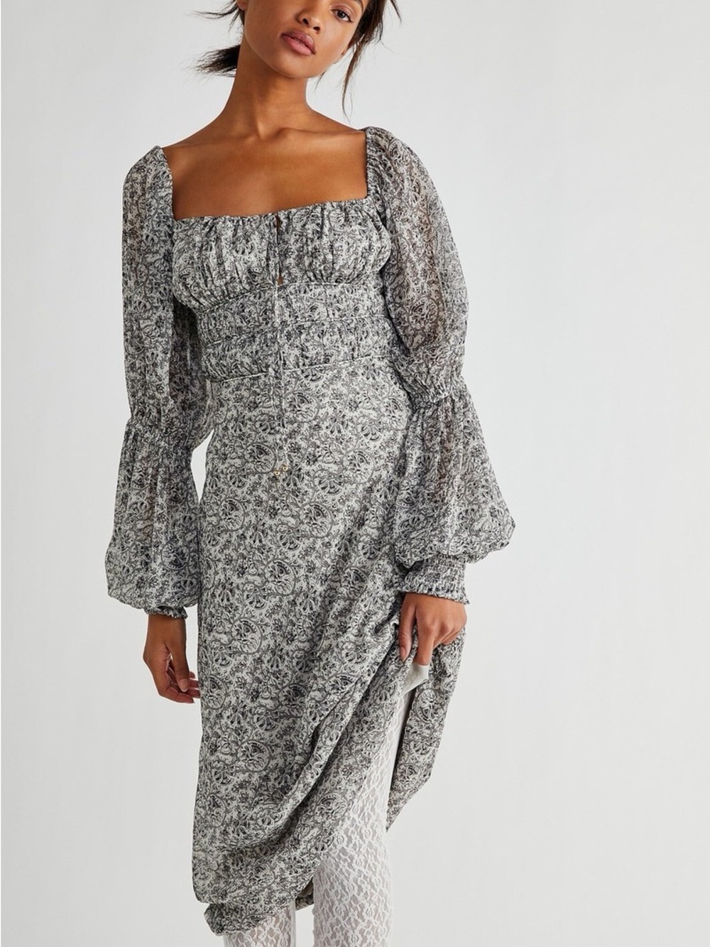 Free People Aglow Smocked Midi Dress XS Puff Sleeve Cottagecore Boho